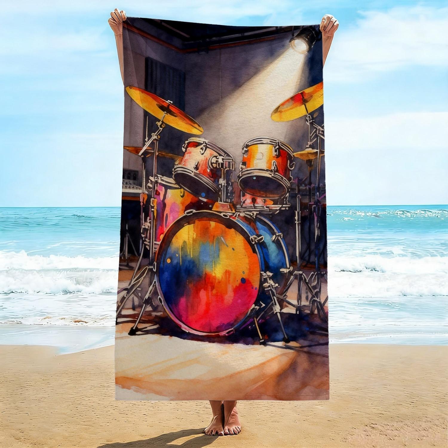 

Colorful Drum Set Beach Towel, Watercolor Drum Kit Print Oversized Bath Towel, Soft Quick Dry Music Themed Beach Blanket W40*H60(CM)