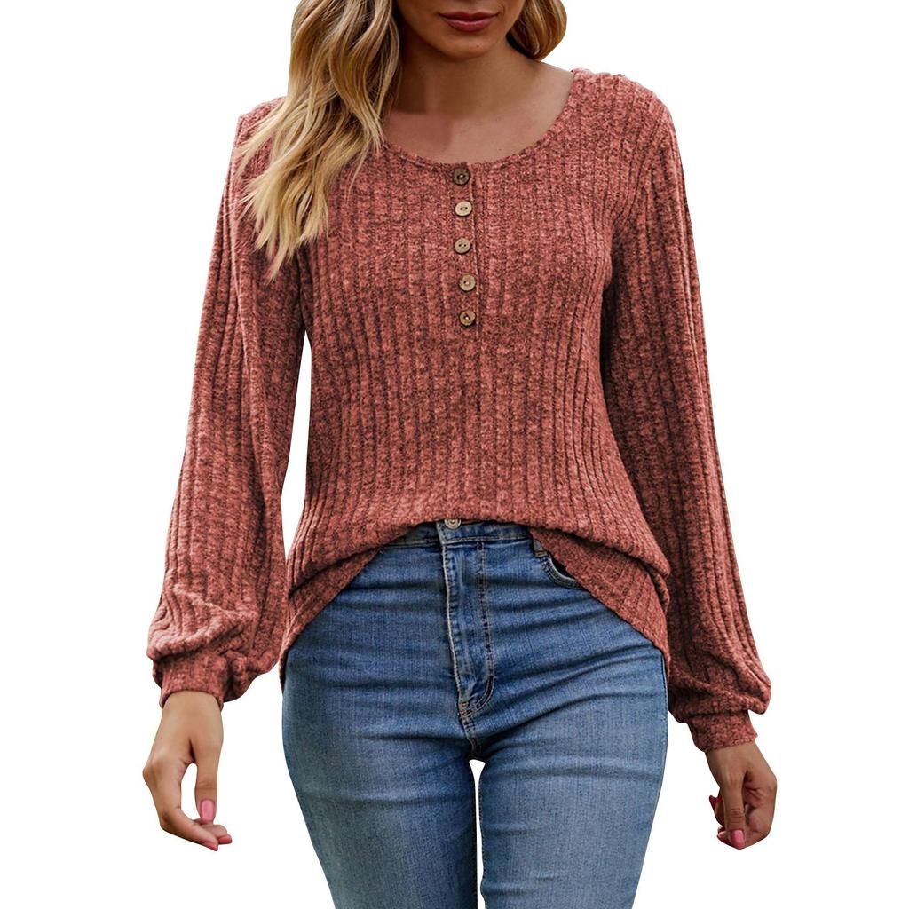 Women'S Round Neck Casual Fashion Solid Color Button Long Sleeved T-Shirt Top Top Blusa Elegante Feminina