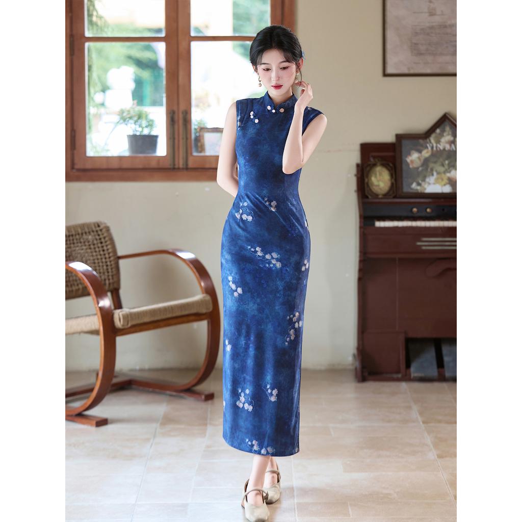 Modern style blue sleeveless improved cheongsam dress, young girl daily high slit slim slim dress