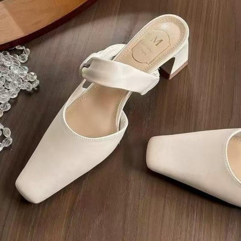 Summers New Style Evening Breeze Baotou Half Slippers French Low Heel Women's Shoes Summer New Thick Heel Slippers Zapatos Mujer