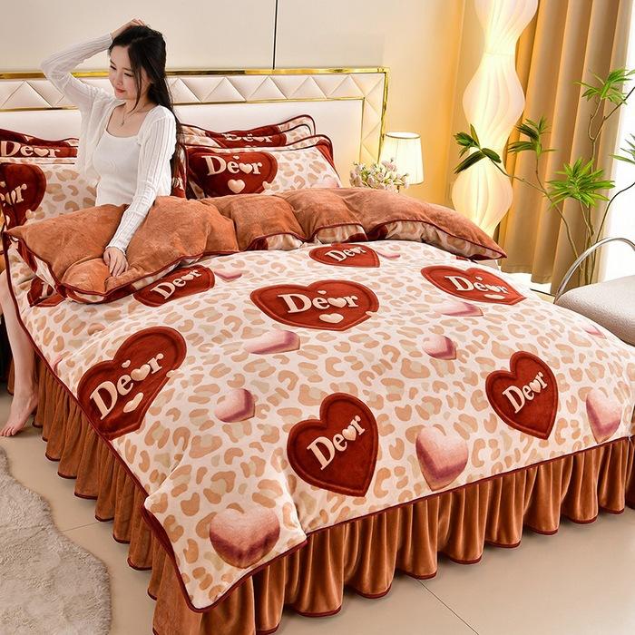 

Утолщенный молочный флис Четырехкомпонентный комплект с юбкой для кровати Двусторонний флис Теплый свадебный фланель Коралловый флис 1.2m skirt 3pc(quilt cover 150 * 200cm)