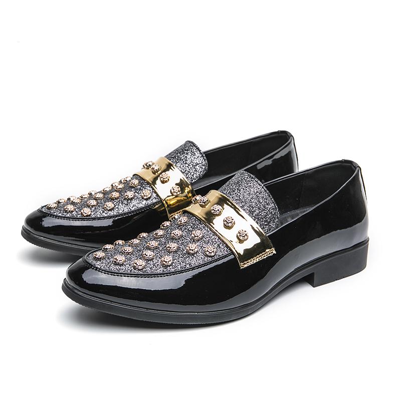 British business formal pointed leather shoes male riveted bright patent leather slip-on lazy man loafer bean shoes male 43