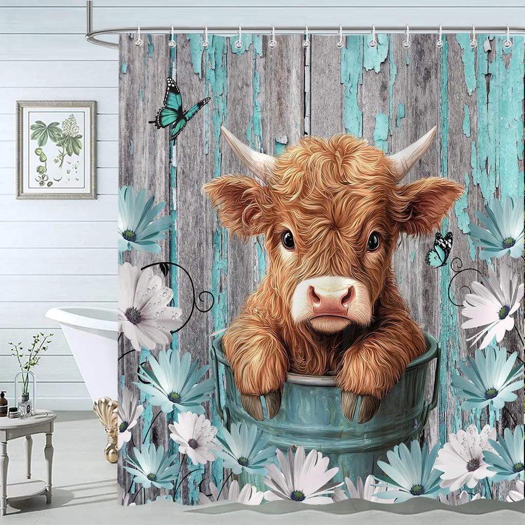 Cute Highland Cow Shower Curtain for Bathroom, Farmhouse Rustic Cow Animal Bathing in Bathtub Shower Curta Decor Set