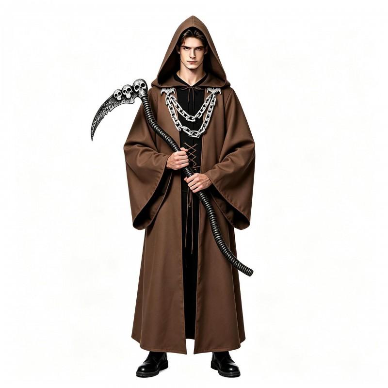Halloween Gothic Hooded Robe Costume With Chain Detail Medieval Wizard Priest Cosplay Outfit Party