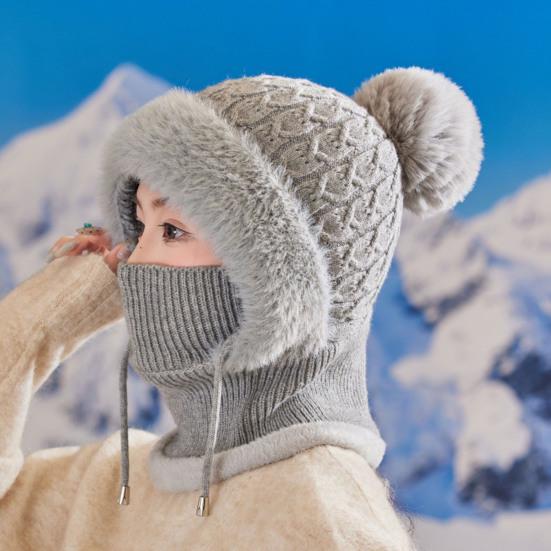 Knitting Hat Women Windproof Insulated Design Winter Hat with Plush Ball Unique Texture 3-in-1 Thickened Hat Face Guard Scarf