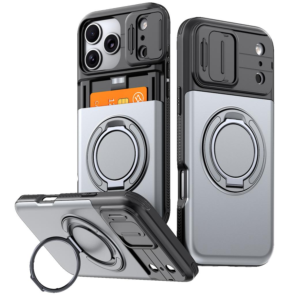 Armor Case For iPhone 17 16e 17e 12 13 14 15 16 Pro Max Plus Slide Camera Protective Magnetic Ring Holder With Card Cover Funda