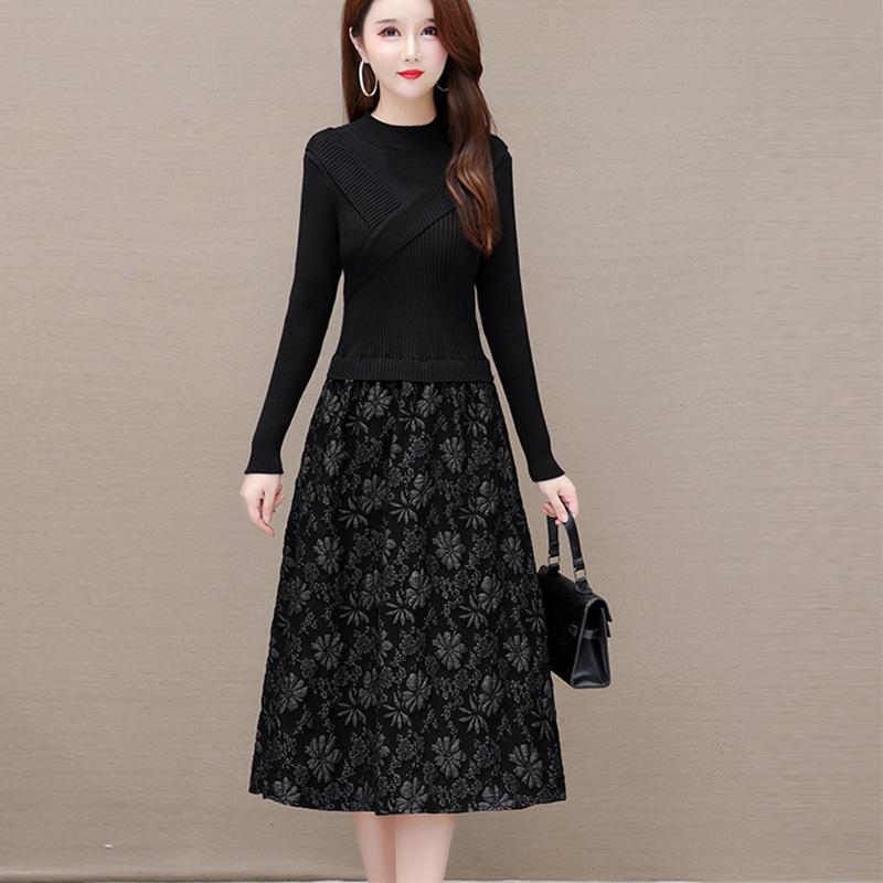 

Трикотажное платье с длинными рукавами, женское, в стиле вестерн, имитация двух частей, теплое трикотажное платье, повседневный свитер с длинными рукавами XL чёрный