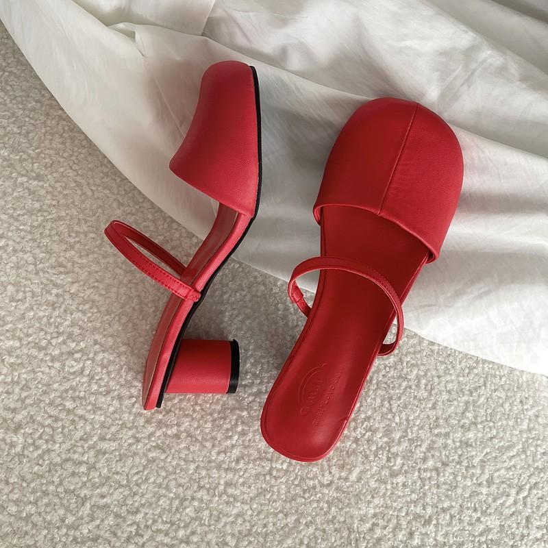 Fashion New Red Black Round Heel Minimalist Sandals Summer Women's Coarse Solid Color Fashionable French High-heel Slippers Size 39
