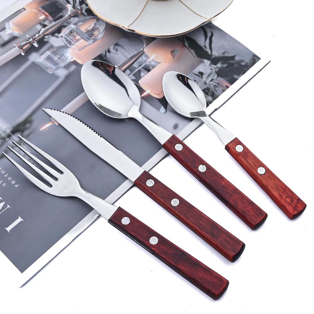 24Pcs 304 Stainless Steel Tableware Set Wood Handle Dinnerware Sets Silverware Steak Knife Fork Spoon Cutlery Kitchen