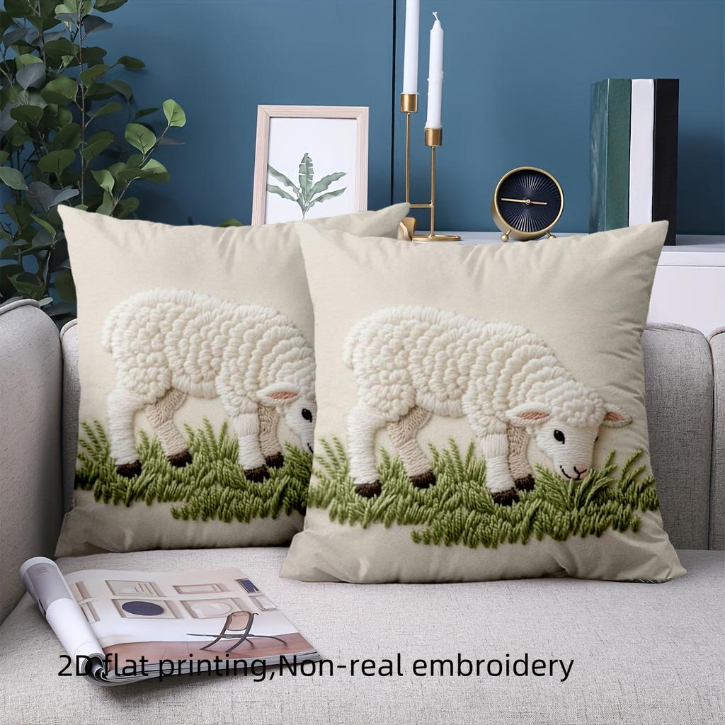 1 Pieces Embroidered Sheep Pattern Pillow Cushion Cover Polyester Pillowcase, Sofa Decorative Cushion Cov Headboard Pillow
