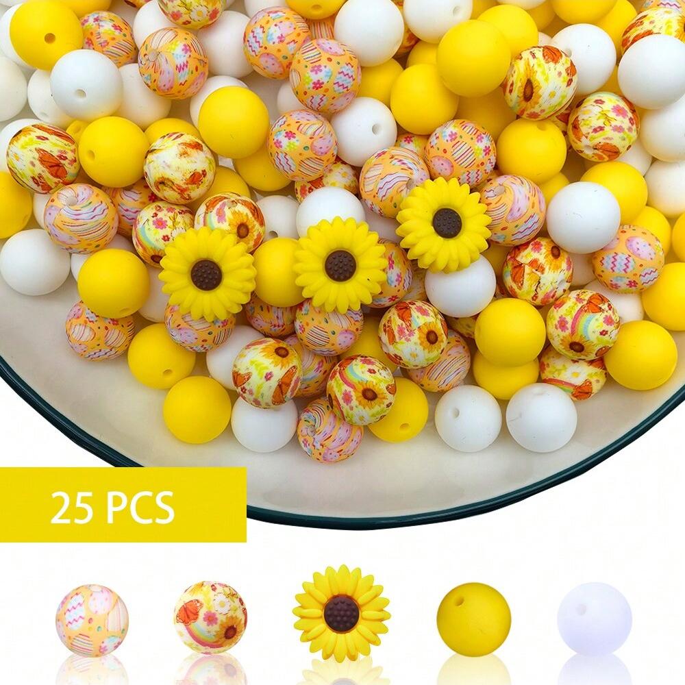 25PCS daisy and floral printed silicone bead set, punk style, suitable for DIY keychains, bracelets, bead pens