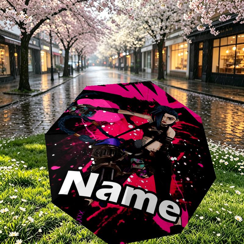 Custom Name Personalized Jinx Print Umbrella, Auto Open Close, 8‑Rib Sturdy Frame, Commute Camping Hiking Use, Birthday Gift
