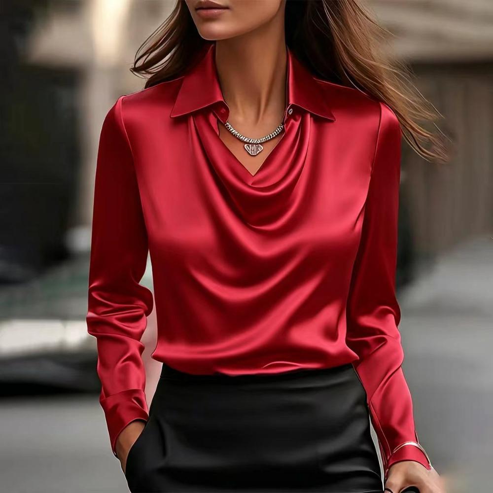 Women's Turn Down Collar Cowl Neck Long Sleeve Satin Blouse Regular Fit Elegant Work Shirt