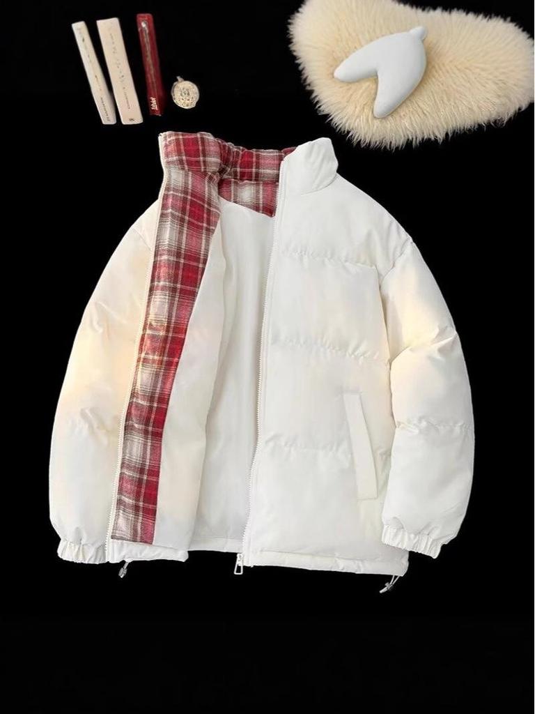 Unisex Black Plaid Patchwork Cotton Jacket – Warm Stand Collar Winter Outerwear