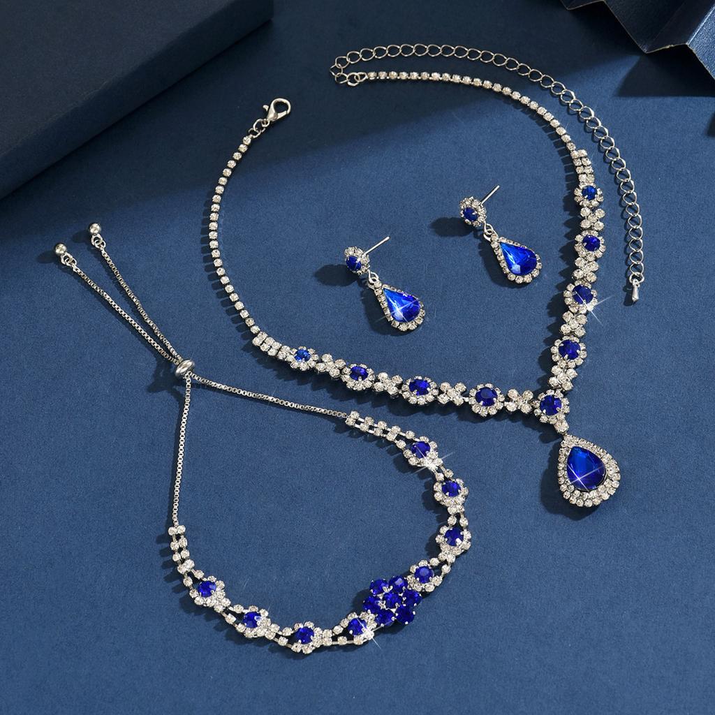 4PC Women's Fashion Waterdrop Geometric Flower Necklace Earrings Bracelet Zircon Set Design Versatile Zircon