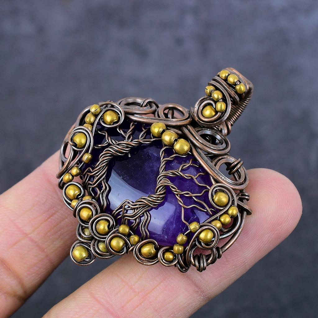 Natural Sage Amethyst Handmade Copper Wirewrap Tree Of Life Pendant 2.09" i1i55