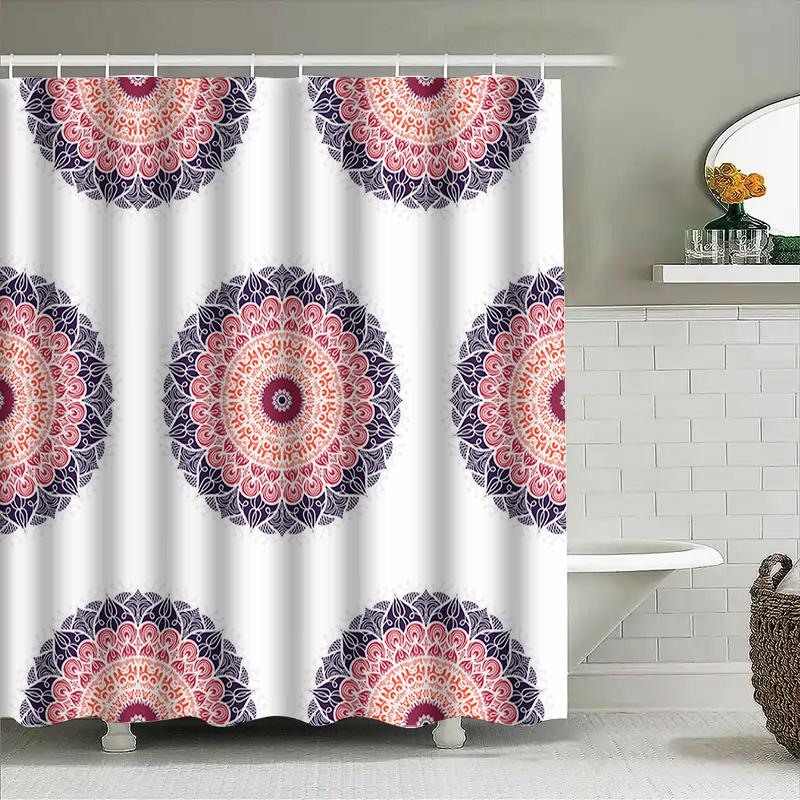6-Piece Mandala Shower Curtain Set Boho Decor Bath Curtains With Rod And Rings (Pink Navy Blue) [B201]