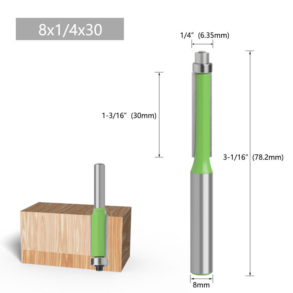 

8mm Shank Bearing-Guided Trimming Router Bit - Double Flute Carbide Tipped Woodworking Edge Cutter for Flush Trim & Slotting 8X1-4X30