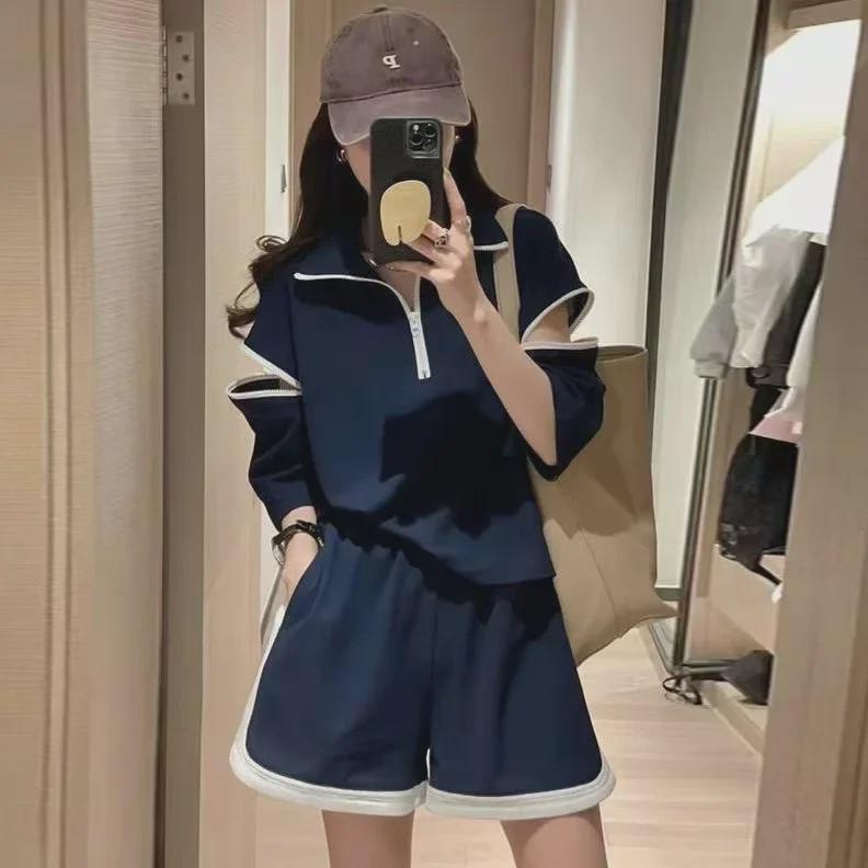 European Spring 2023 Women's Casual Sports Two-Piece Suit with Wide-Leg Shorts
