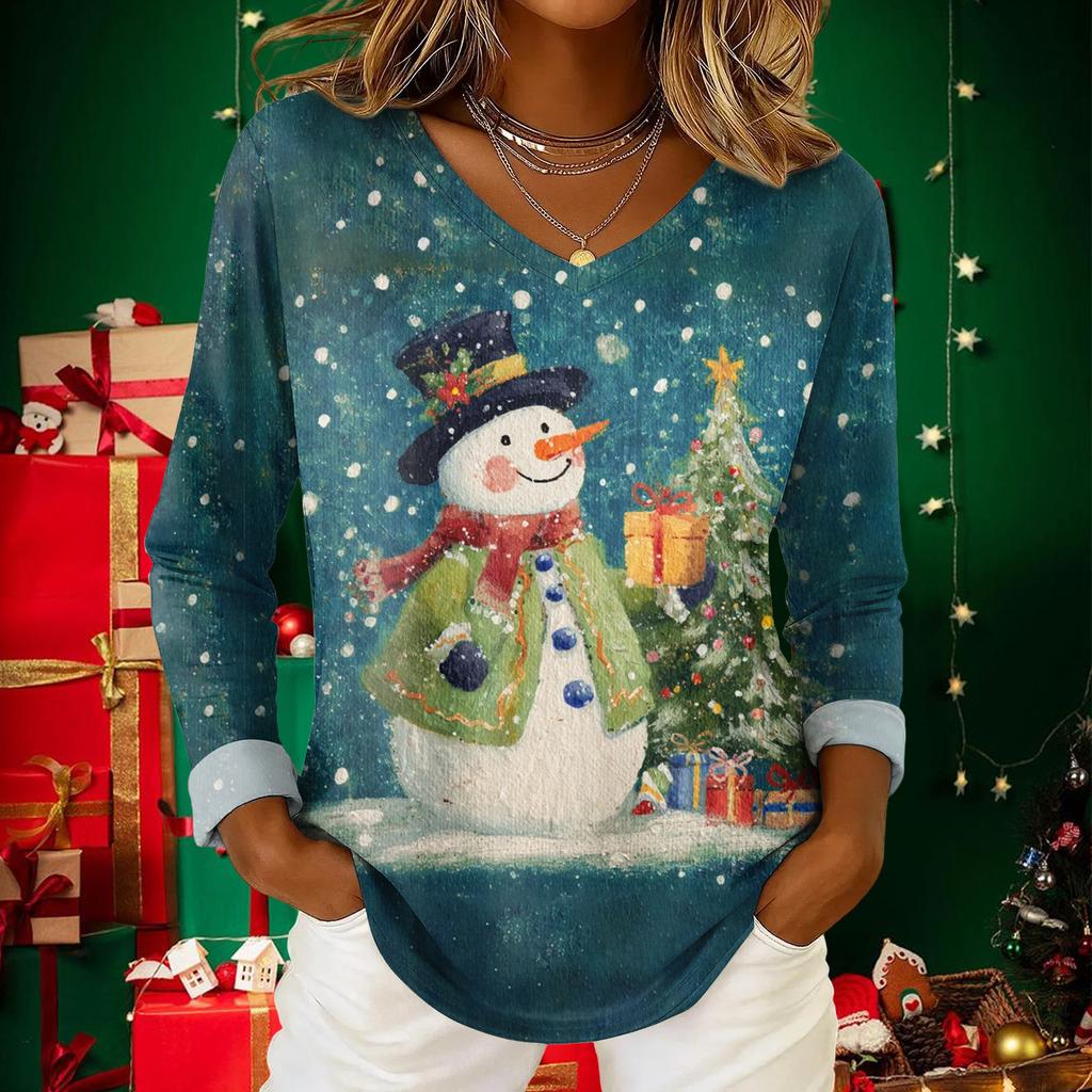 Women's Christmas Print Casual V-Neck Long Sleeve Top