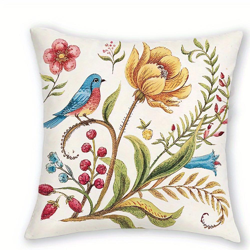 Floral and Fauna-Printed Pillowcases: Birds, Butterflies, and Blooming Flowers Sofa Cushion Cover Home Room Decoration
