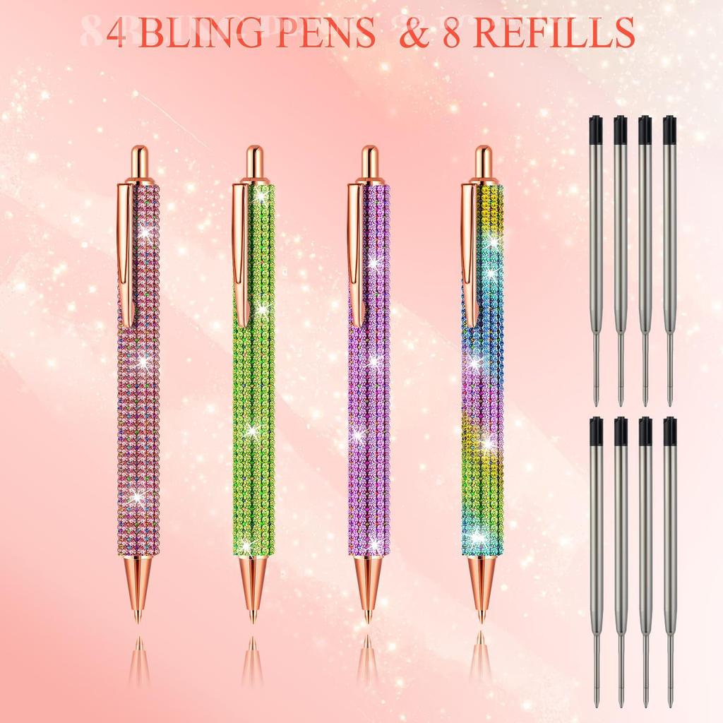 Bling Pens for Women, 4Pcs Colorful Rhinestone Pen and 8Pcs Black Ink Retractable Refills for Girl (0.7mm)