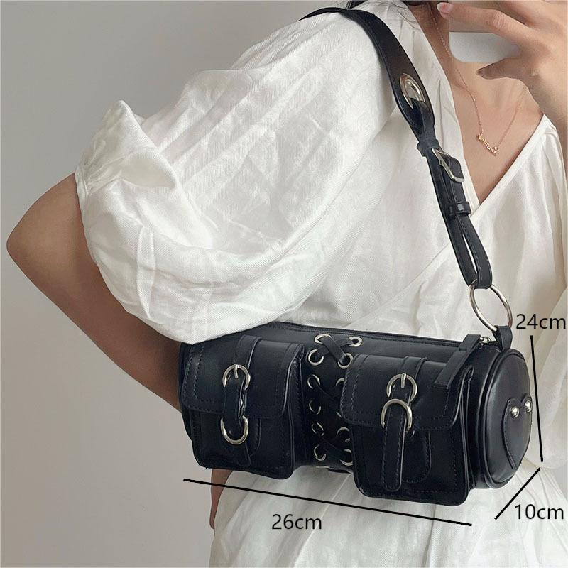 Style Women's Shoulder Bags Versatile Black PU Leather Spicy Girls Underarm Bags Personality Punk Female Strap Tie Handbags