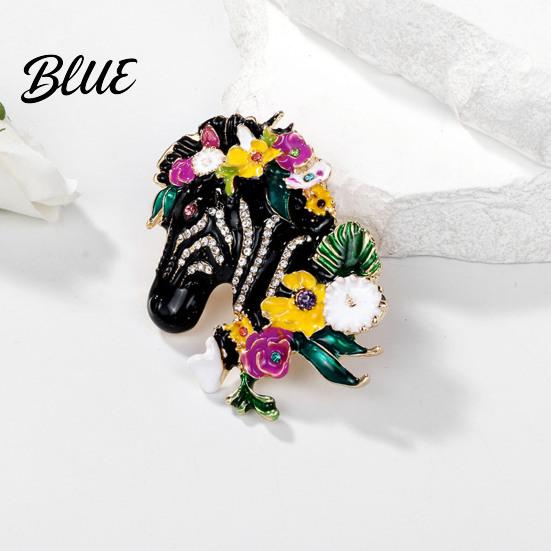 Zebra Brooch Head Enamel Rhinestone Lapel Pin with Flowers Colorful