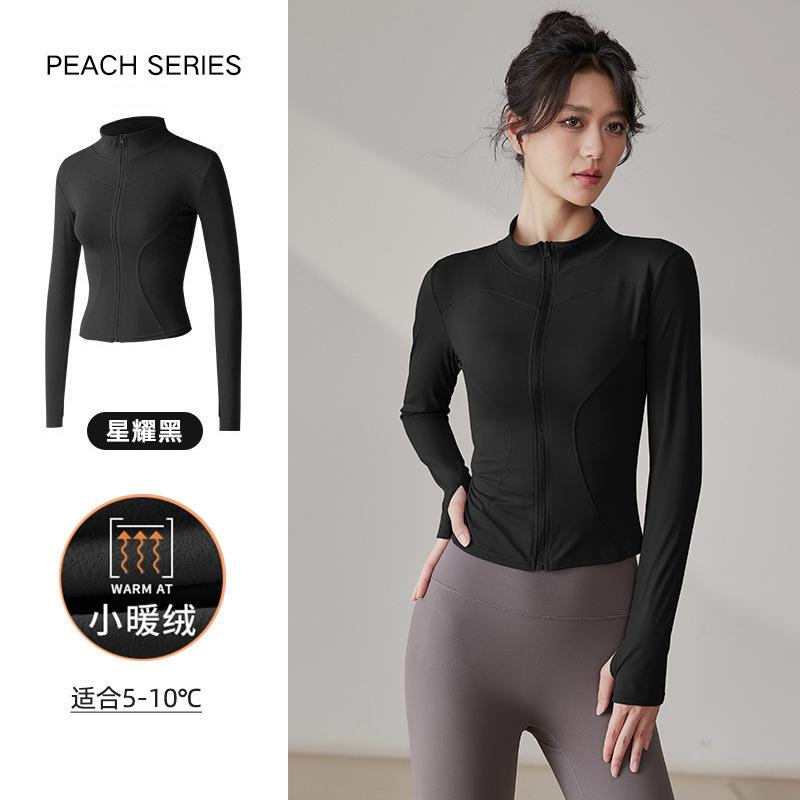 Fleece yoga jacket women s thin velvet tight zipper pilates top plus size fitness running sports jacket S