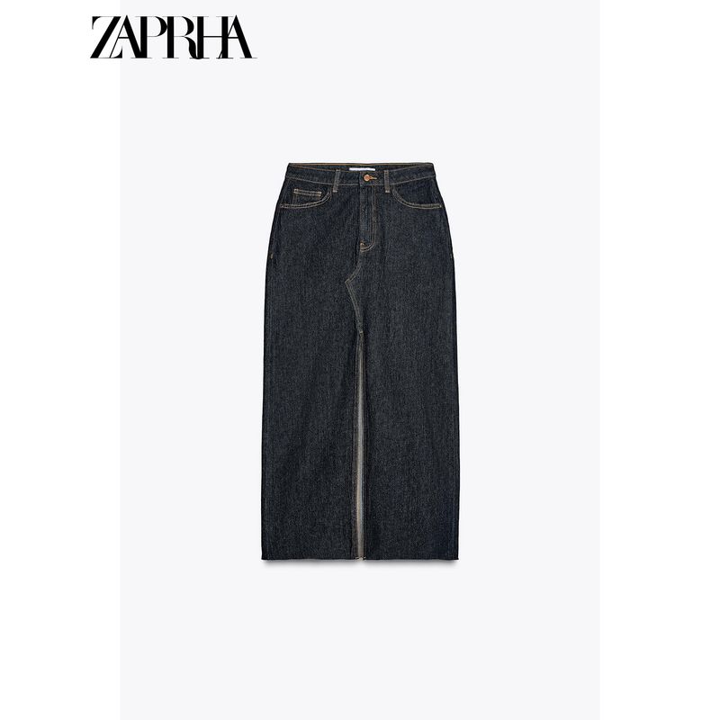 Zaprha 2025 New Arrival Straight Split Dark Blue High Waist Simple Midi Skirt Denim Skirt Slim Looking 8228023