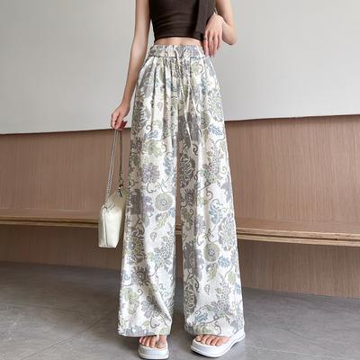 Sommer Damen Vintage Print Baumwolle und Leinen Dünne Hohe Taille Weites Bein Hose Hose mit Tasche für Mädchen