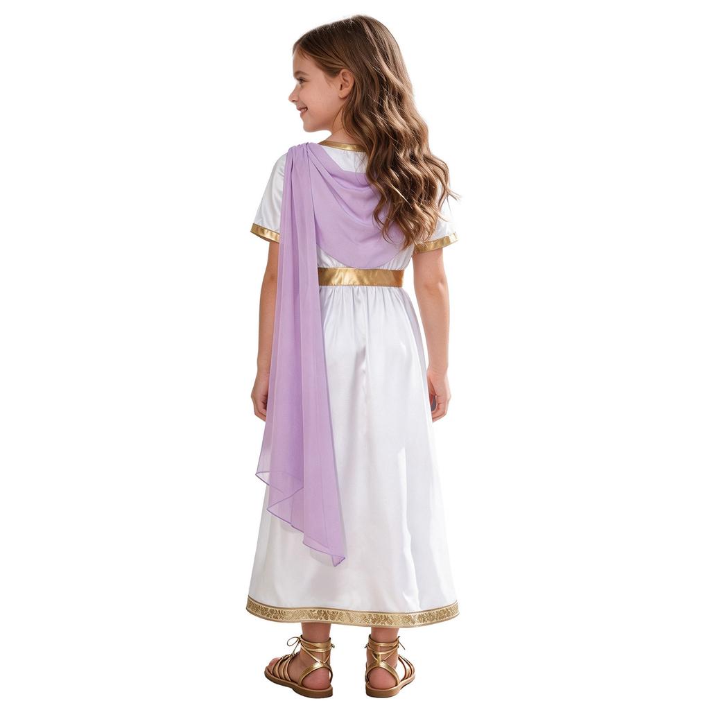 Kids Girls Ancient Greek Toga Costume Draped Shawl Satin Robe Short Sleeve Metallic Waist Embroidered Trim for Halloween Cosplay