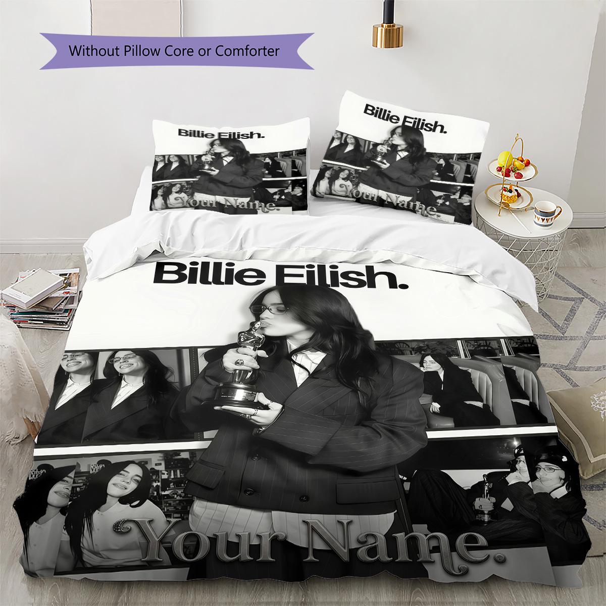 Benutzerdefiniertes Bettwäsche-Set Billie Eilish, Steppdecke Steppdeckenbezug Kissenbezug Zuhause Geburtstagsgeschenk(1 Bettbezug + 2 Kissenbezüge, ohne Füllung) -HE33 135x200cm white