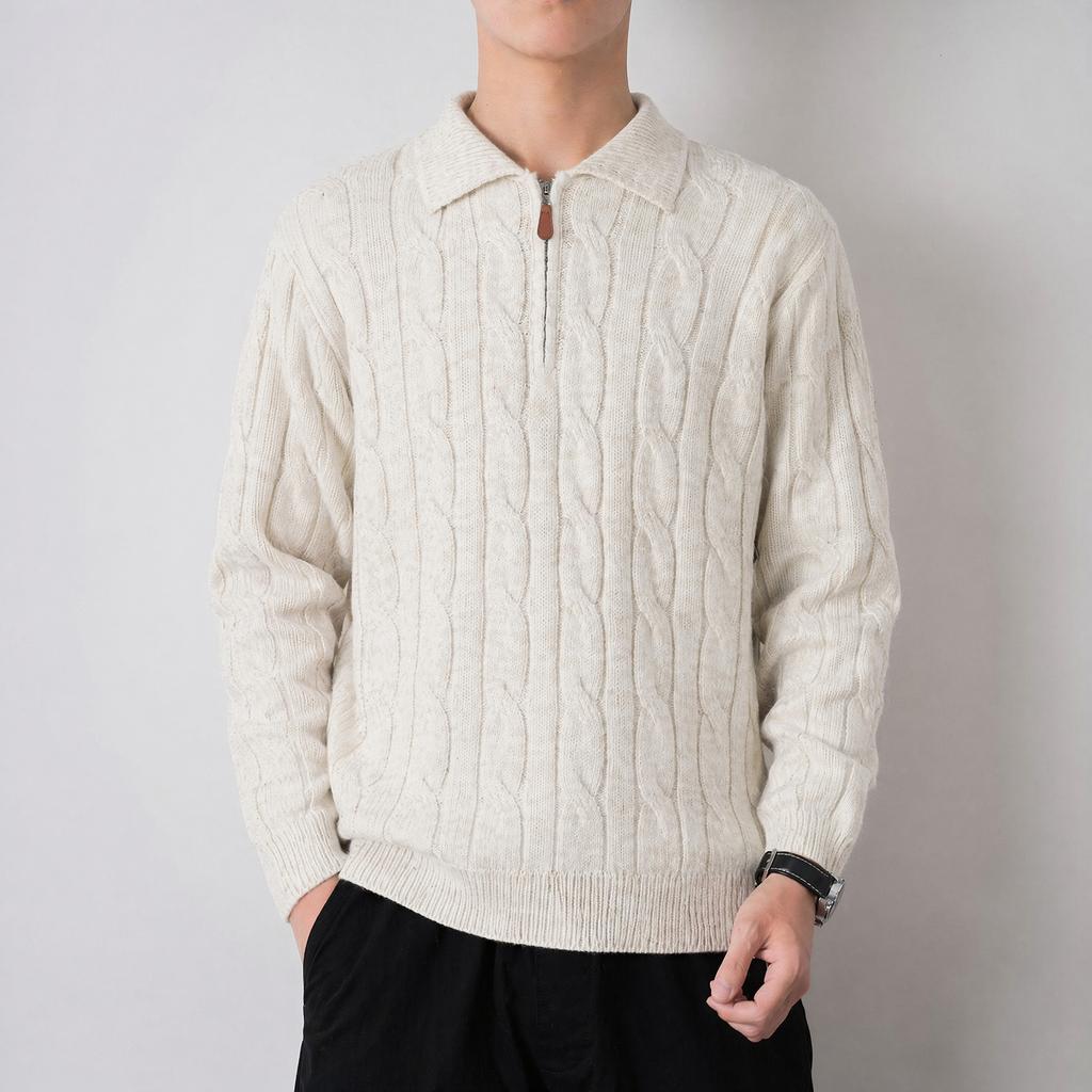 Knitted lapel sweater slightly wide half-zip jacket casual sweater long sleeves