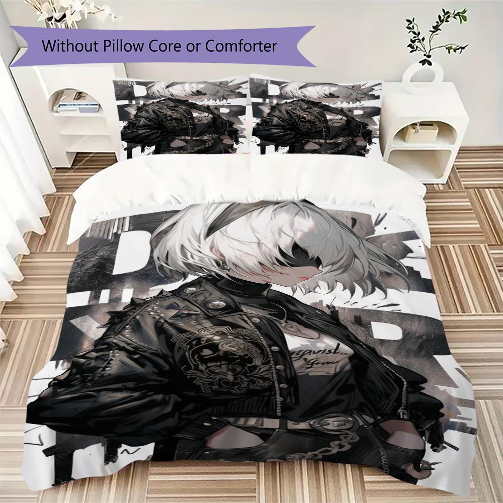 NieR Automata Pattern Bedding Uilt Set Uilt Cover Pillowcase Home Decoration Birthday Gift (1 * Duvet Cover + 2 * Pillowcase Without Core)