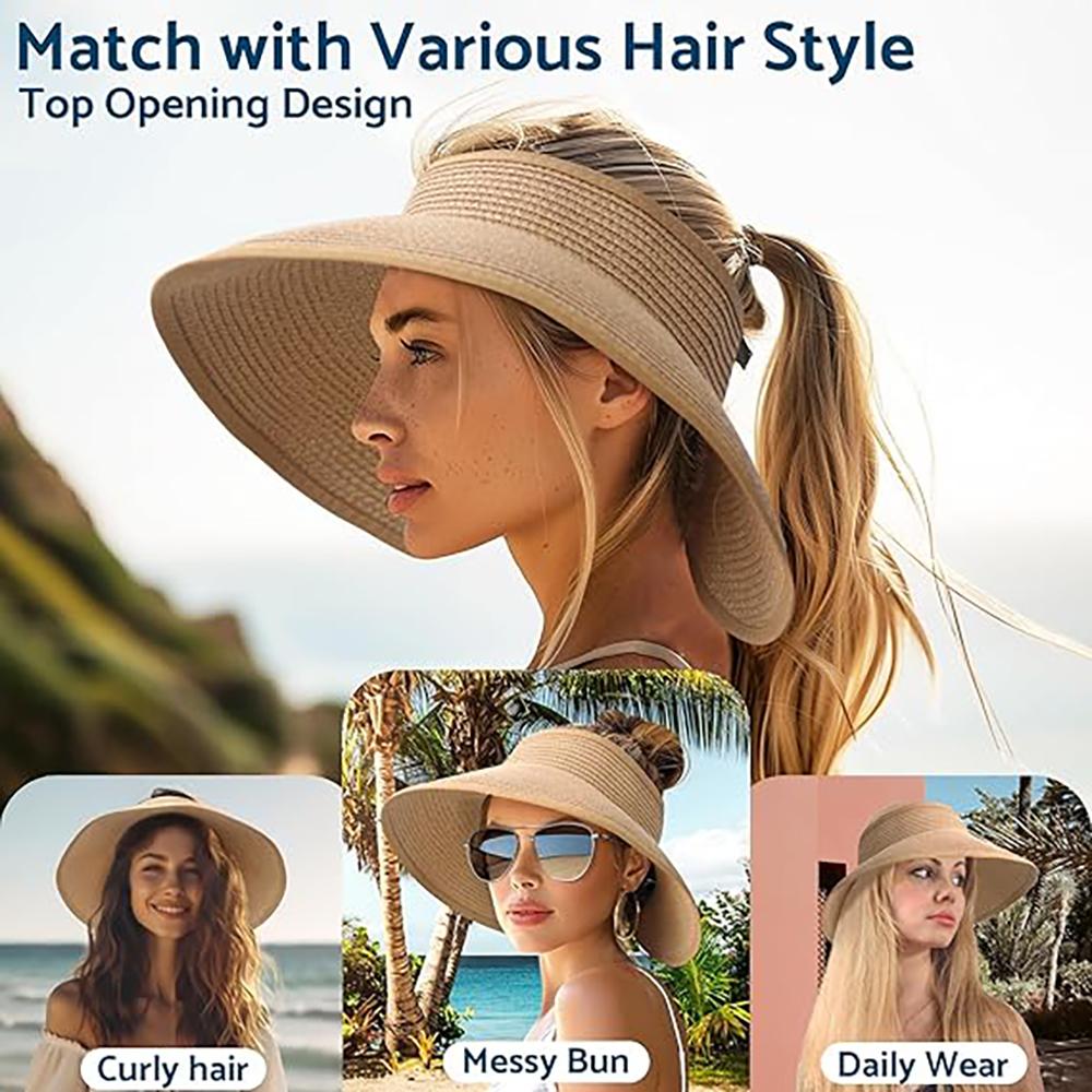 Sun Hats for Women Wide Brim Roll-Up Beach Ponytail Hat Packable Foldable Travel Straw Visor