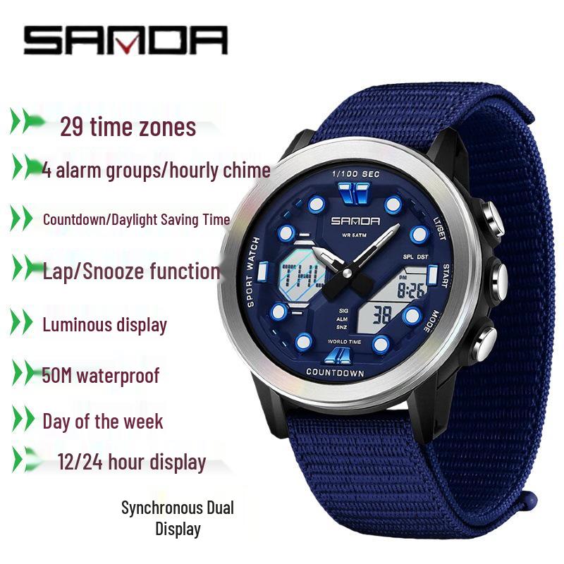 SANDA Multifunction Waterproof Digital Watch with Fluorescent Display, 29 Time Zones, Daylight Saving, 4 Alarms, Student-Friendly