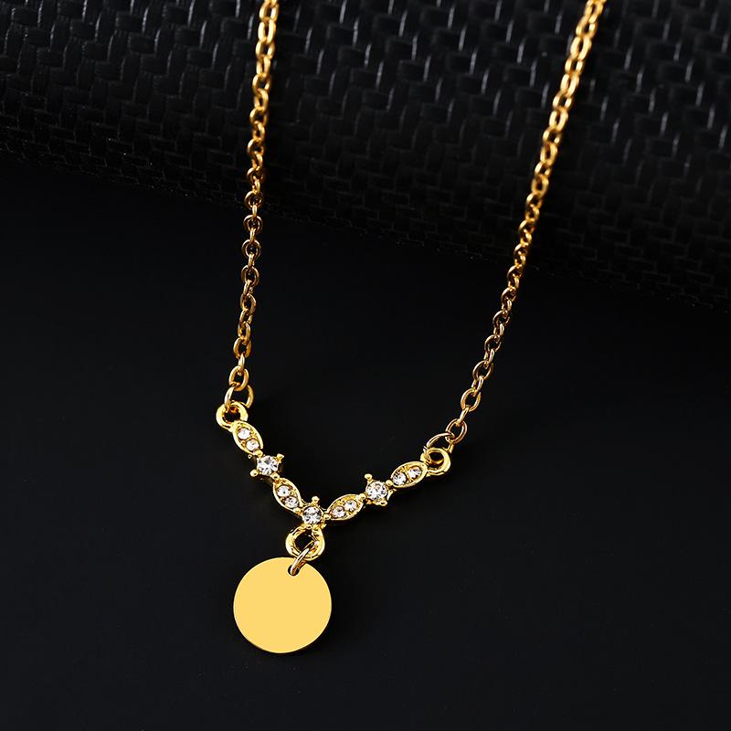 Laser UV Diamond V-Pendant Round Plate Stainless Steel Necklace