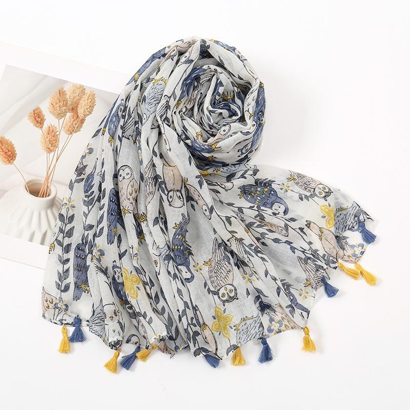 Spring and Summer New Cute Owl Beard Tassel Thin Scarf Women's Travel Cotton and Linen Feel Shawl