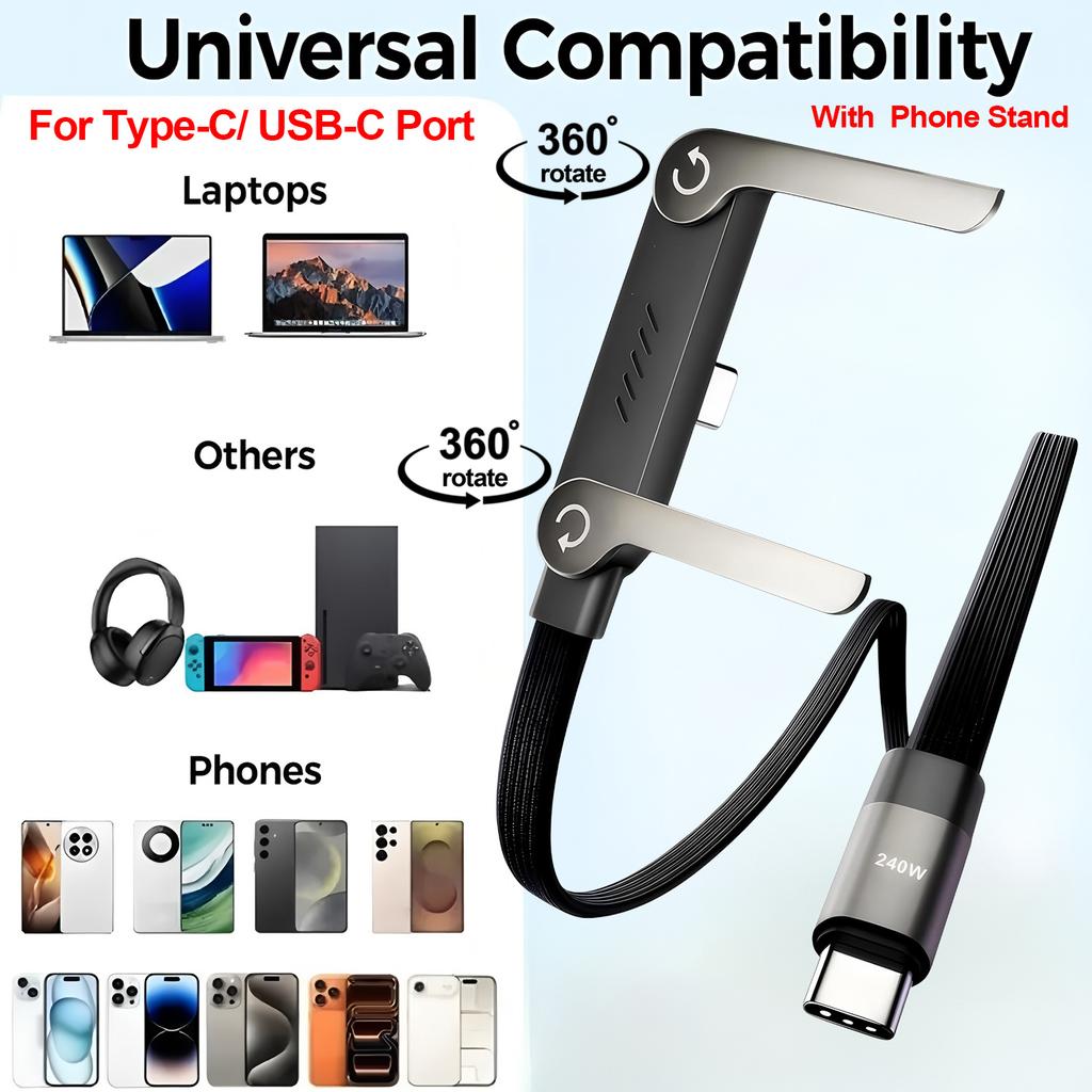 Seitlicher Handy-Ladegerät, Unsichtbares Ladekabel mit Ständer, Integriertes Ladekabel mit Handy-Ständer, Faltbarer Handy-Ständer 2-in-1 Halter