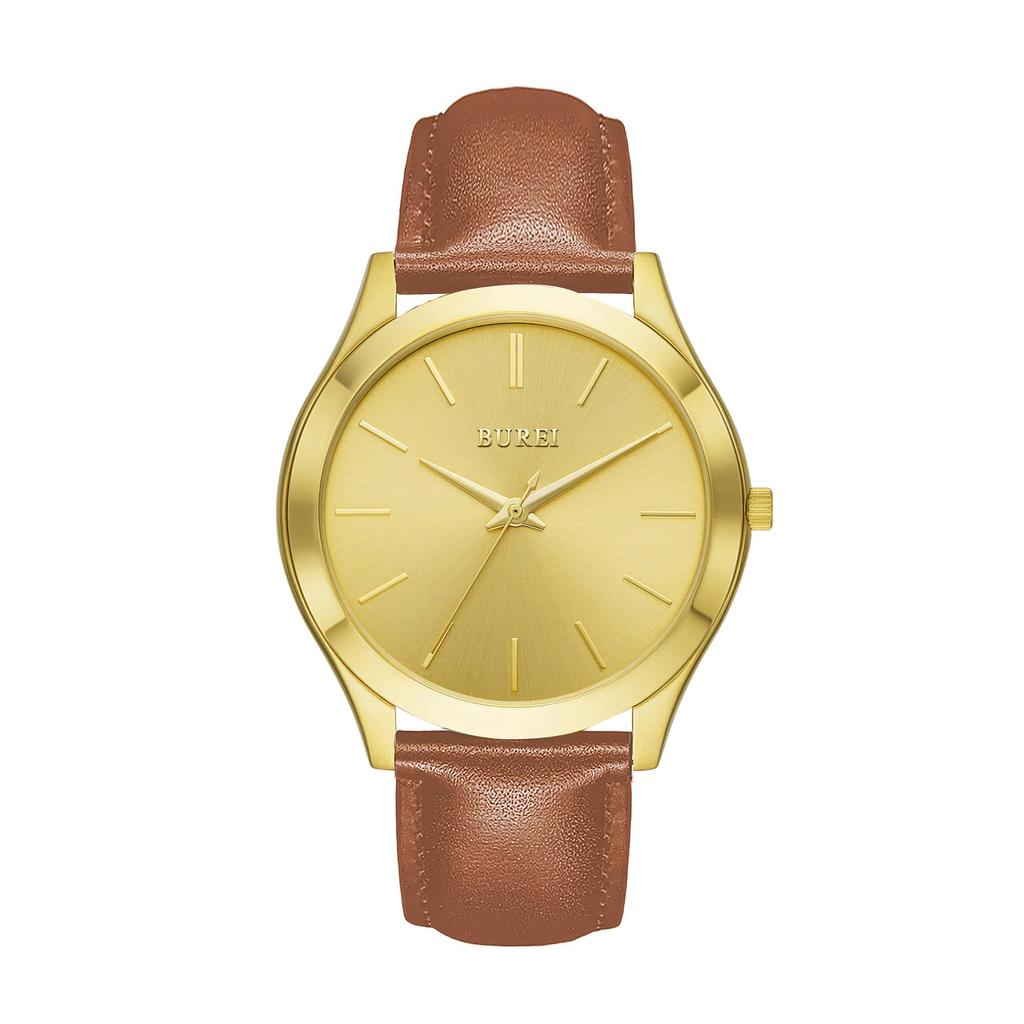 BUREI Men's Analog Quartz Watch, Waterproof, Popular, Slim, Simple, Stylish, Business, Casual, Leather Strap (Gold, Brown, Leather)