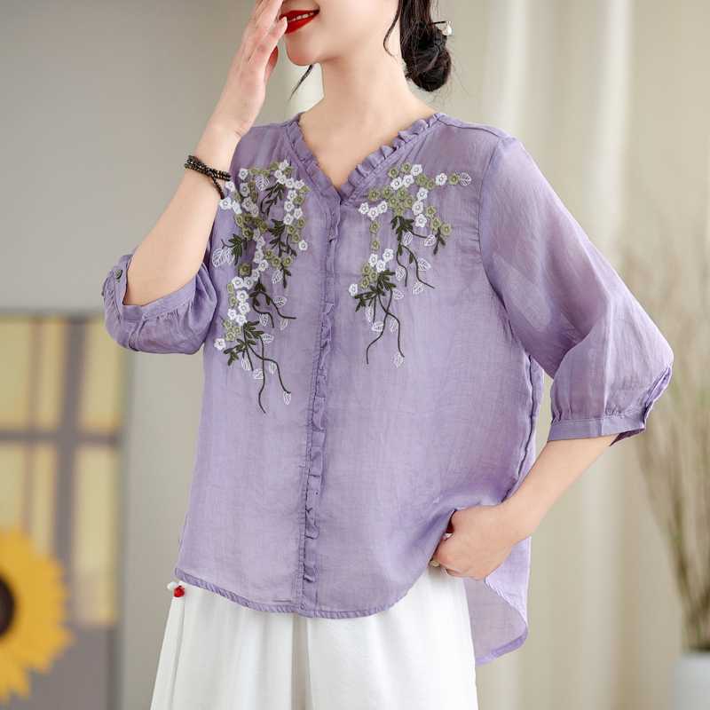 

Новая ретро-рубашка из хлопка и льна, женская рубашка с художественной вышивкой, темпераментные футболки с кружевным воротником 2XL