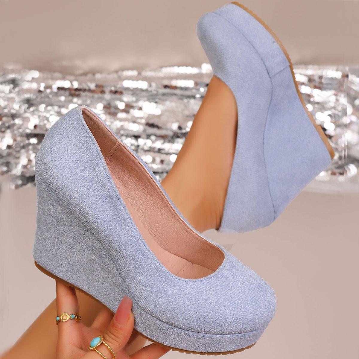 

Large size spring and autumn new slope heel single shoes women s waterproof table fashion round head super high heel oneword buckle shallow mouth 36 небо синє кольору