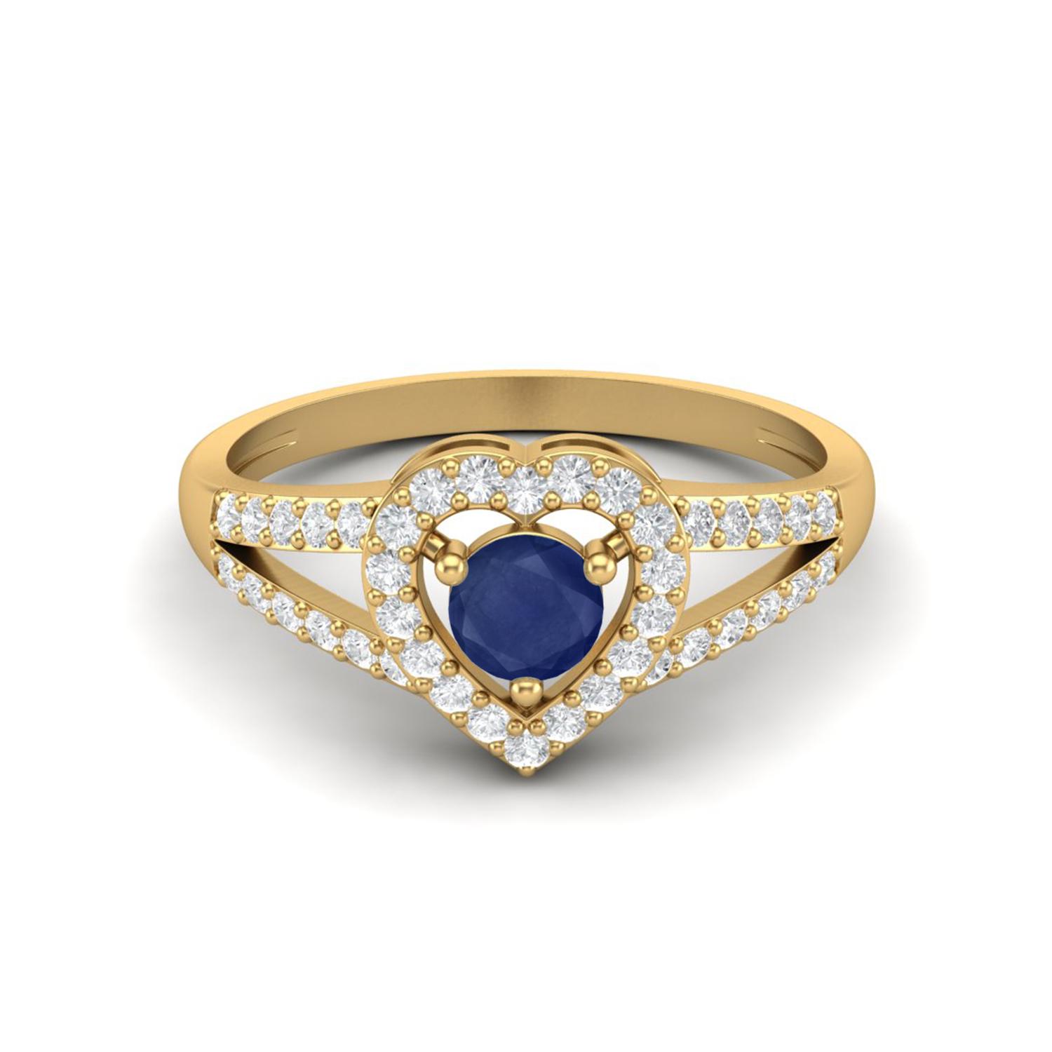 0.92 Cts Round Blue Sapphire 925 Sterling Silver Gold Vermeil Solitaire Accent Heart Women Wedding Ring