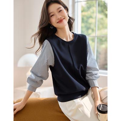 Fransız Çizgili Gömlek Sahte İki Parça Sweatshirt Sonbahar Yeni Stil Tasarım Çok Yönlü Sweatshirt