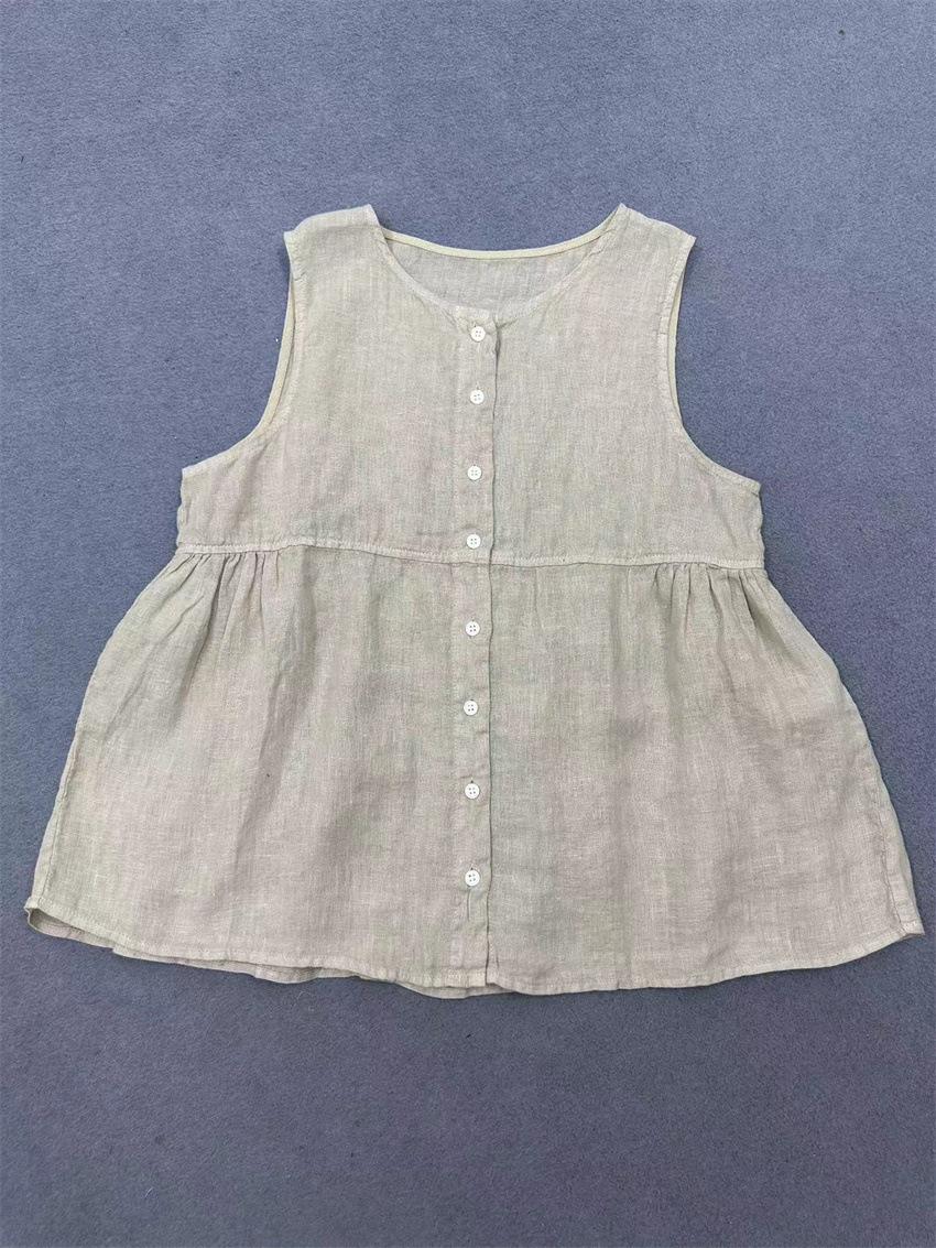 

Johnature Летние японские рубашки-жилетки с пуговицами, с круглым вырезом, свободные, повседневные, универсальные, без рукавов, рубашки-бэбидолл One Size хаки