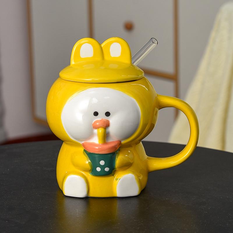 Couple Style Ceramic Milk Tea Mug with Lid - Stylish Office Design 301-400ml