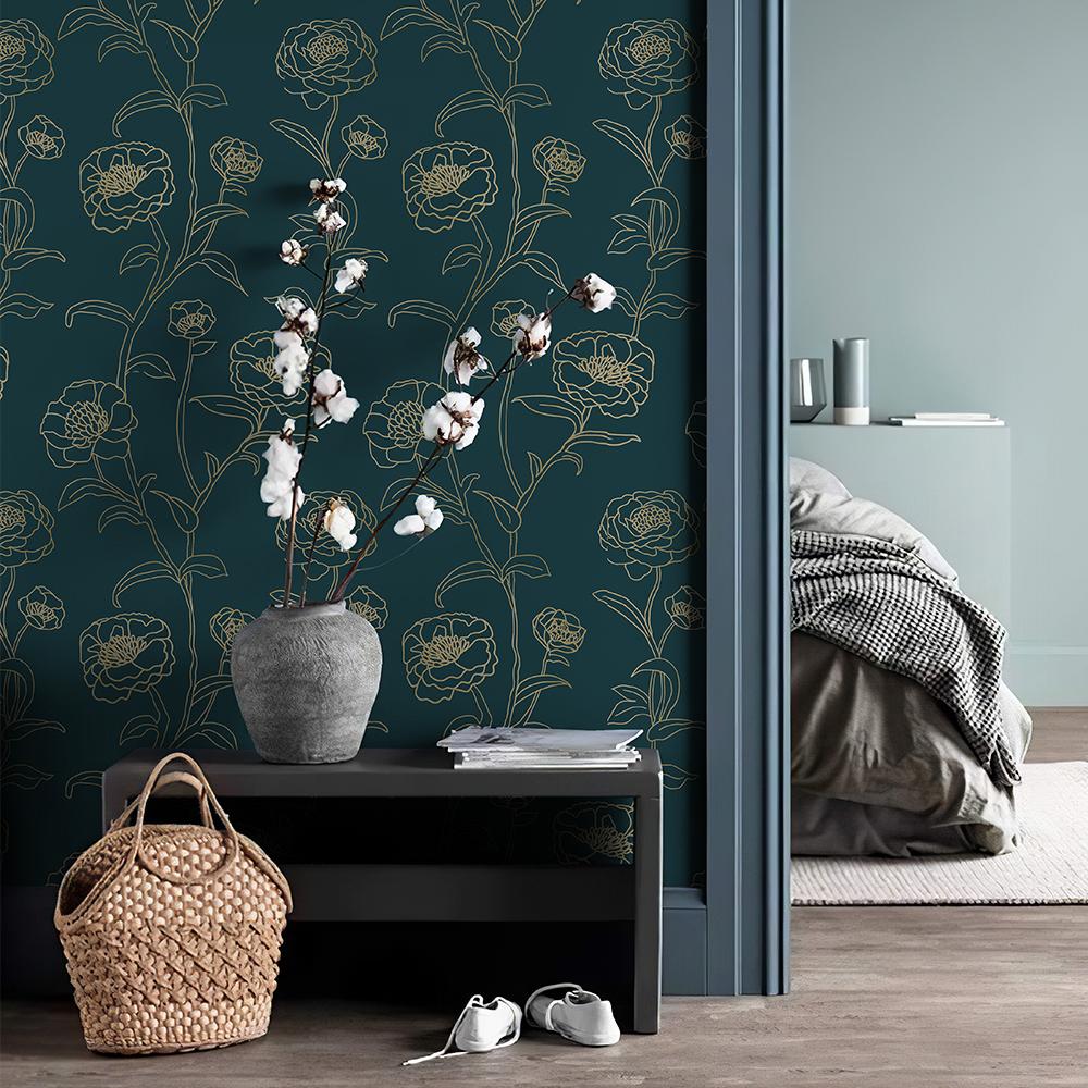 Gold Line Floral Peel And Stick Wallpaper Dark Blue Self Adhesive Waterproof Wallpaper Removable Bathroom Kitchen Contact Paper