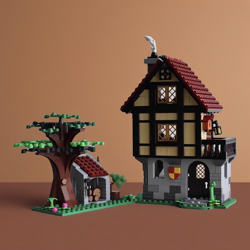 Non-Toxic Moc Medieval Small House Particle Intelligent Assembly Building Blocks Toy Pendulum With Printed Components