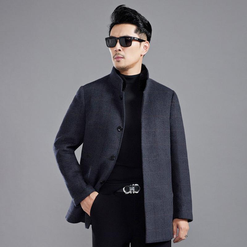 New winter double-sided cashmere coat for men with removable down liner, stand-up collar, thickened high-end wool woolen coat